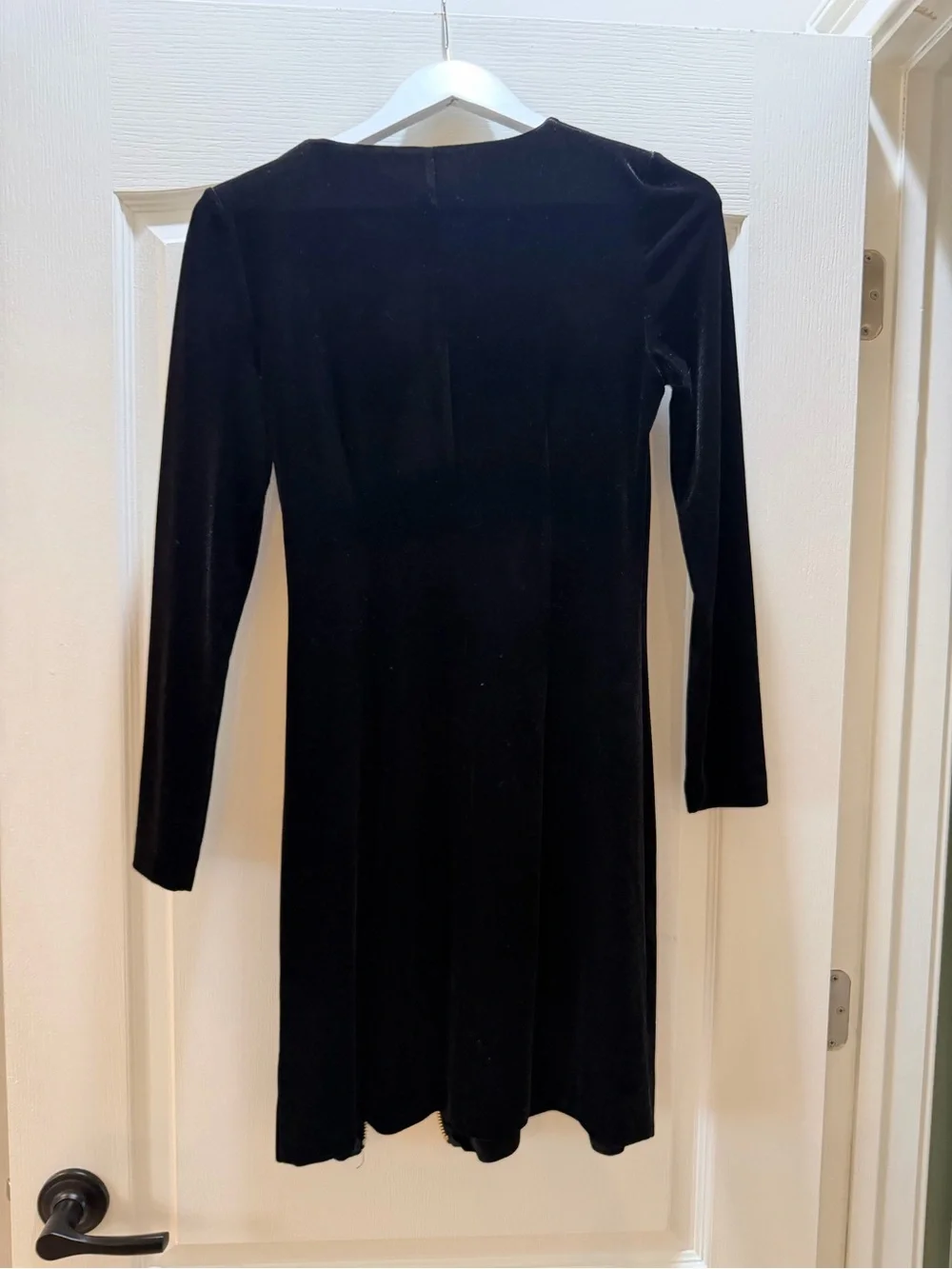 French Connection Black Velvet Long-Sleeve Dress with Diagonal Gold Zip